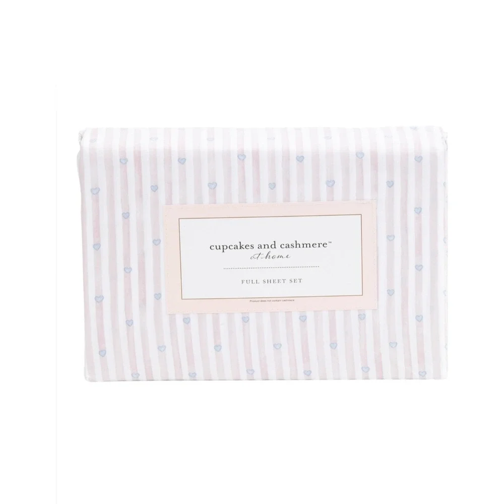 Cupcakes and Cashmere Love Striped Heart Queen Sheet Set Blue Blush Pink 4pc NEW